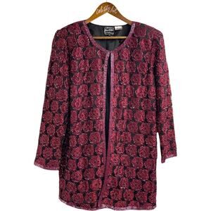 Jean for Joseph LeBon Rosette Beaded Jacket Floral Sequin Black Maroon Vintage M